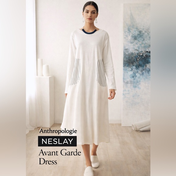 Anthropologie Dresses & Skirts - Anthro’s Neslay,Avant-Guard, Natural White/Navy Pinstriped Dress Pockets,Size L